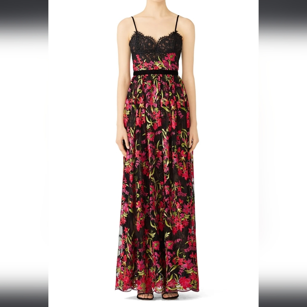 Marchesa Notte Floral Embroidered Lace Mesh Gown In Black Women's 0